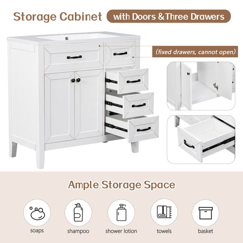 Modern Bathroom Vanity Base Only, 2 Doors And 3 Drawers