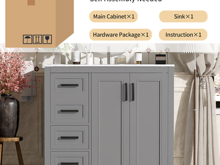 Bathroom Vanity With Sink, Soft Close Doors, Adjustable Shelf & 3 Drawers
