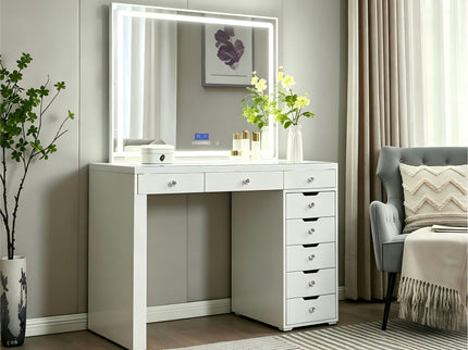 Makeup Vanity Desk With LED Lighted Mirror, 9 Drawers For Bedroom - Gloss White