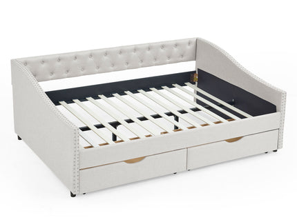 Upholstered Tufted Daybed With Drawers, Waved Arms