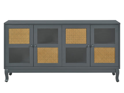 Retro Industrial 4 Door Sideboard With Large Storage, Rattan And Glass Doors