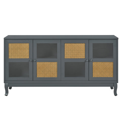 Retro Industrial 4 Door Sideboard With Large Storage, Rattan And Glass Doors