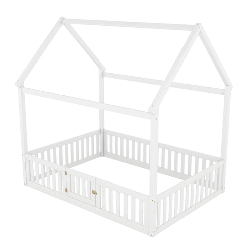 Wood House Bed With Fence And Door