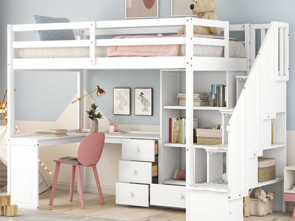 Loft Bed With L Shaped Desk, Drawers, Cabinet, And Storage Staircase