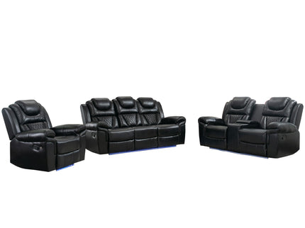 3 Pieces Recliner Sofa Sets Home Theater Seating Manual Recliner Chair With Center Console And LED Light Strip For Living Room