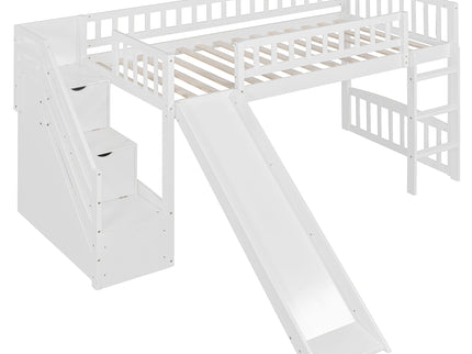 Loft Stairway Bed With 2 Drawers, Convertible Ladder And Slide