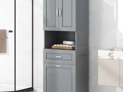 Tall Bathroom Cabinet With Tilt-Out Laundry Basket And Upper Storage
