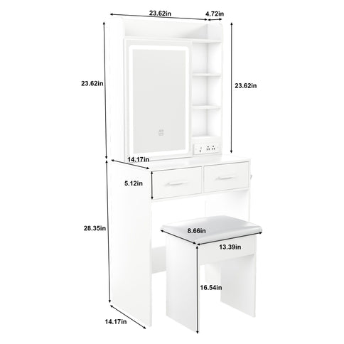Space Saving Makeup Vanity Desk With Mirror & Adjustable Led Lights, Built-In Power Outlet, Hidden Storage, Includes Stool & Shelf - White