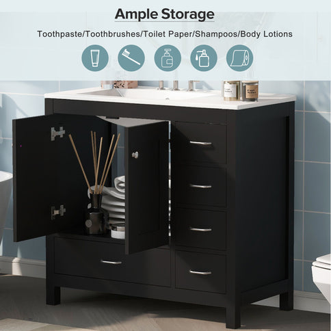 Bathroom Vanity With Sink Combo, 2 Soft Close Doors And 5 Drawers