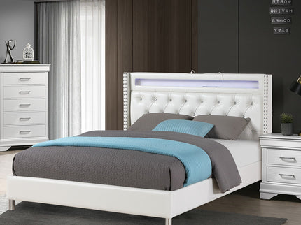 Modern Bed With LED Lights, Charging Port, Tufted Headboard