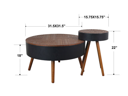 Round Coffee Table With Carved Top For Living Room