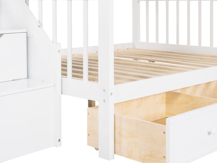 Solid L Shaped Bunk Bed With 3 Drawers, Ladder And Staircase
