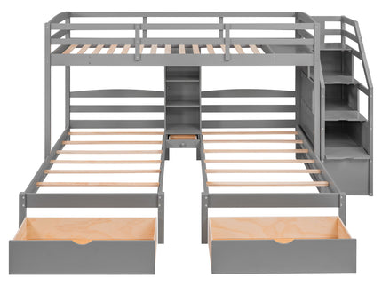 Twin Over Twin & Twin Bunk Bed With Drawers, Staircase Storage, Built In Shelves - Gray