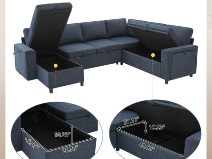U - Shaped Convertible Sectional Sofa Bed With Storage, USB Charger & Cup Holders