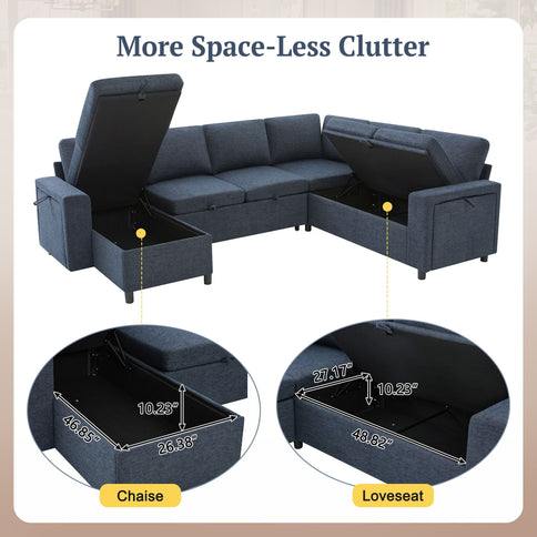U - Shaped Convertible Sectional Sofa Bed With Storage, USB Charger & Cup Holders