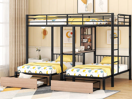 Triple Bunk Bed With Drawers, Multi-Functional Frame With Desks And Shelves In The Middle