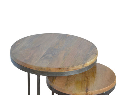 Round Stool Table With Iron Base (Set of 2) - Brown / Black