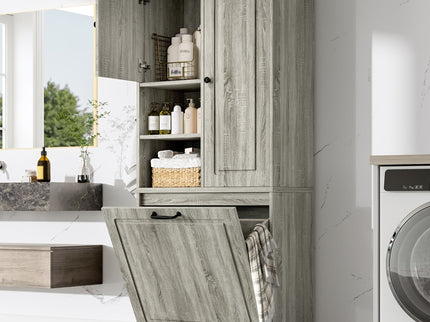 Modern Tall Storage Cabinet With Adjustable Shelves, Flip-Out Basket & Enclosed Doors