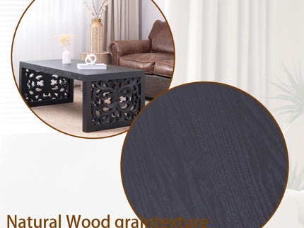 Rustic Carved Wood Coffee Table, Handcrafted Look With Ornate Side Panels