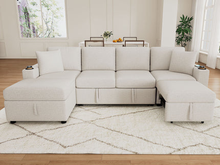 Sectional Sofa Convertible Pull-Out Bed With Storage Ottoman & USB Ports