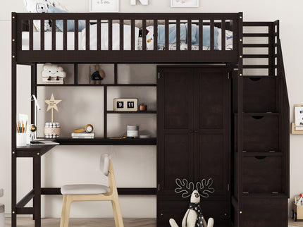 Loft Bed With Bookshelf, Drawers, Desk, And Wardrobe