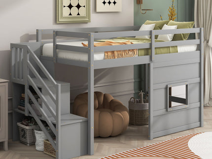 Loft Bed With Storage Staircase, Window & LED Light