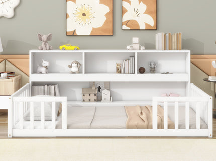 Floor Bed With Bedside Bookcase, Shelves, Guardrails