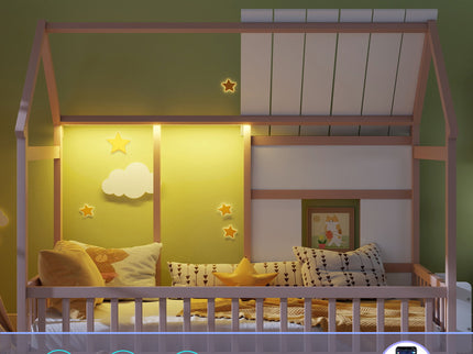 House Floor Bed With 7 Color LED Light, Built In Bookshelf