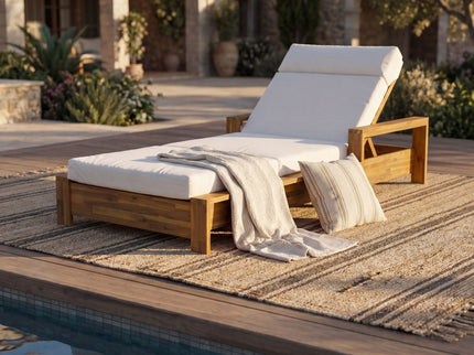 Chaise Lounge Set With 4 Fold Cushion And Built In Headrest, 3 Position Adjustable, For Patio Pool - Cream / Teak