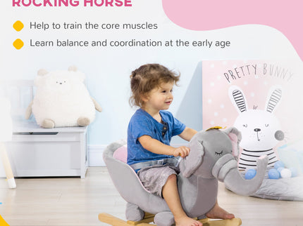 Qaba - Baby Rocking Horse Elephant Rocking Chair Toddler Rocker Toy With Sound Wooden Base Seat Safety Belt For 1.5-3 Year Old - Gray