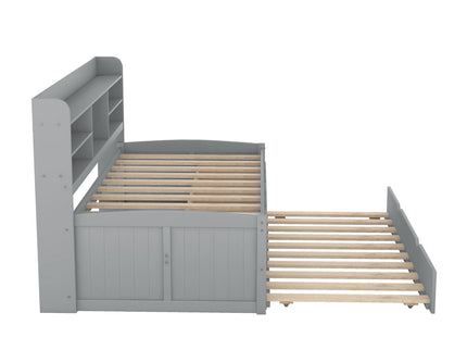 Captain Bed With Built In Bookshelves, 3 Storage Drawers, And Trundle