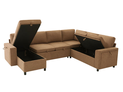 U - Shaped Convertible Sectional Sofa Bed With Storage, USB Charger & Cup Holders