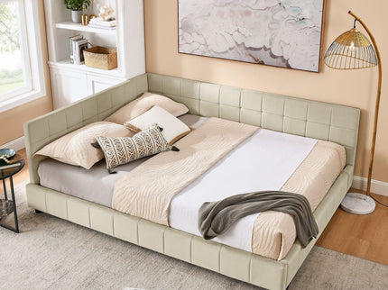 Mid-Century Storage Upholstered Tufted Bed Frame With Backrest And Armrests
