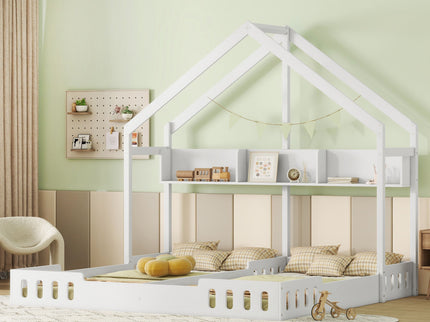 Twin Size Platform Bed With Shared Design, Guardrails, And Built In Shelves - Creamy White
