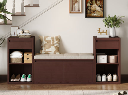 Entryway Storage Bench With Cushion, Drawers & Open Shelves