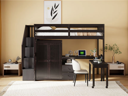 Loft Bed With Stairs, Bookshelf, Drawers, Desk & Wardrobe, Space Saving Multifunctional Furniture
