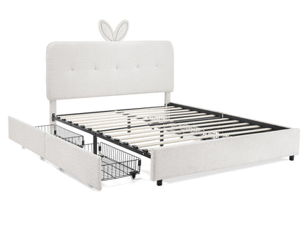 Upholstered Bed With Oversized Rabbit Ear Headboard, LED Lights & 4 Storage Drawers