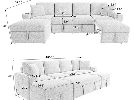 Sectional Sofa Convertible Pull-Out Bed With Storage Ottoman & USB Ports