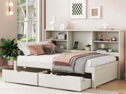 Bed Frame With Side Bookshelves, 2 Drawers, And Built In USB Port