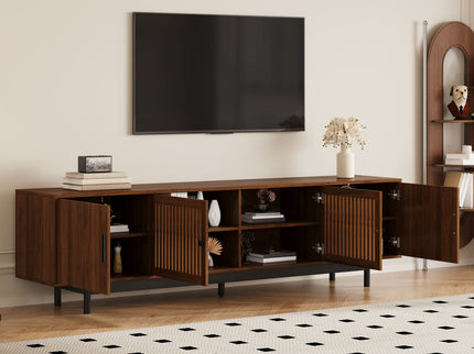 TV Stand, Media Console With Soft Closing Hinges, Adjustable Shelves, Slatted Doors - Walnut