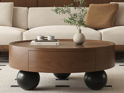 Round Coffee Table With Storage Drawer And Ball Feet - Walnut / Black