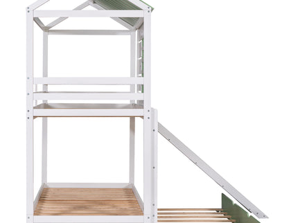 Twin Over Twin House Bunk Bed With Convertible Slide And Trundle - White