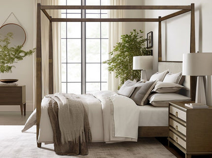 Queen Canopy Bed Frame With Upholstered Headboard - Brown