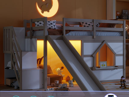 Loft Bed With Storage Stairs, Slide, Playhouse Window And 7 Colors LED Lights