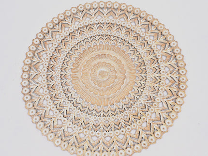Floral Hand Carved Mandala Round Wall Decor - Brown / Antique White