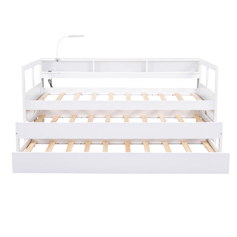 Daybed With 2 Trundles, 3 Storage Cubbies, Built In USB Charging Light