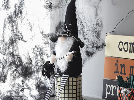 Sitting Gnome With Broomstick & Long Legs, For Halloween Decor - Black White