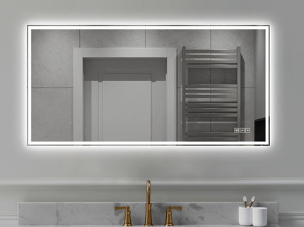 LED Bathroom Vanity Wall Mirror With Straight Edge Design, Frosted Glass Finish, Anti Fog, Dimmable 3 Color Lighting - Silver