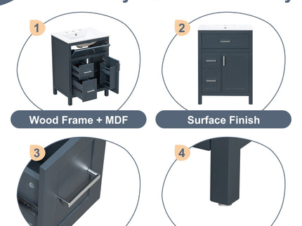 Modern Bathroom Vanity With Sink, Flip Drawer & 2 Drawers, Soft Close Hinges, Adjustable Shelf