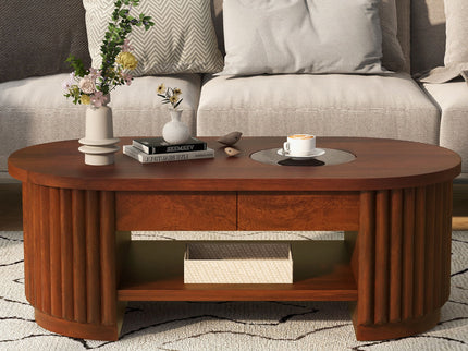 Fluted Oval Coffee Table With Drawers, 2 Tier Cocktail Table